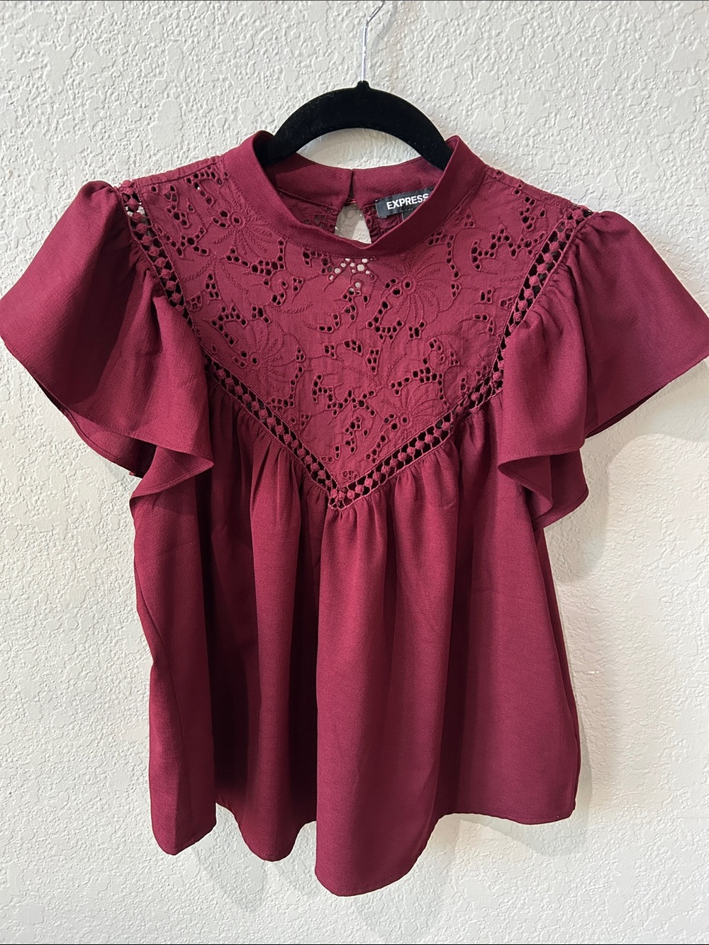 Express Women's Wine Lace Yoke Flutter Sleeve Blouse